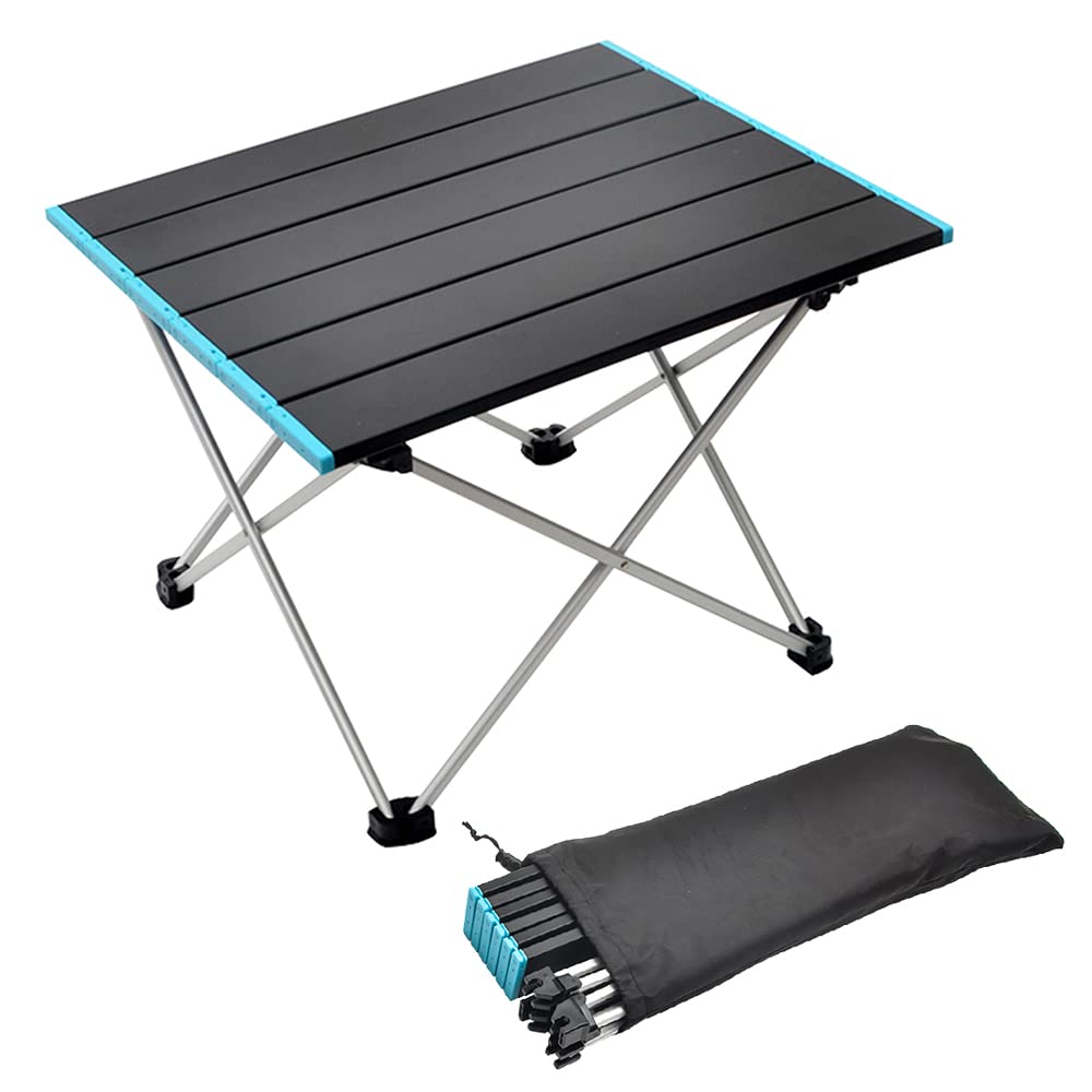 Porssaut Folding Camping Table, Aluminum Alloy Portable Folded Beach Picnic Table Outdoor Drink Holder with Carry Bag (Black)