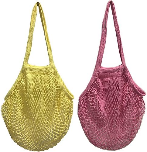 Metyou2Pcs Portable Reusable Mesh Cotton Net String Bag Organizer Shopping Tote Handbag Fruit Storage Shopper NEW (Beige orange)
