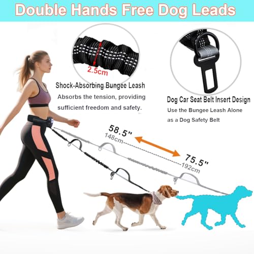 Fiade Hand Free Dog Lead Jogging Leash with Belt and Detachable Bag, Training for Medium and Large Dogs