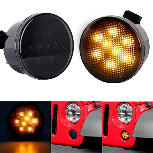 JK Turn Signal Lights Smoke Lens Amber LED Front Grill Indicator Parking Lights for Jeep Wrangler JK JKU 2007-2017 - Thumbnail 7
