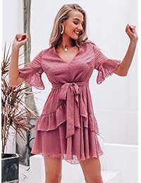 Miessial Vestido de verano para mujer, cuello en V, gasa, volantes, con elegante corbata en la cintura, vestido corto