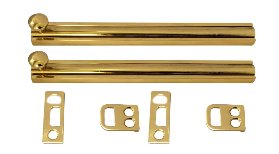 QCAA Solid Brass Surface Bolt, 6", Polish Brass, 2 Pack, Made in Taiwan