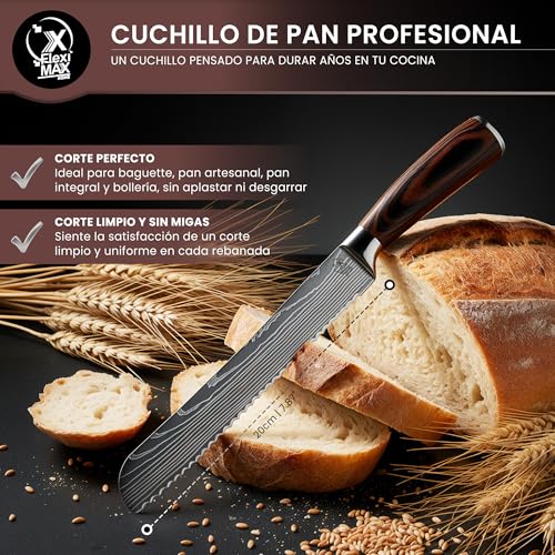 Fleximaxx Home ® Professional Bread Knife 20cm Saw Knife for Crispy Bread and Baguette Stainless Steel Kitchen Knife with Ergonomic Wooden Handle Knives Professional Kitchen Knives