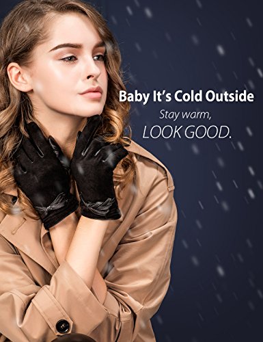 YISEVEN Women's Touchscreen Sheepskin Suede Dress Leather Gloves Bow Elegant Bow Knot Hand Warm Flecce Fur Lined Work Xmas Gifts Ladies Winter Accessories Luxury Driving, Black 7.5"/Large