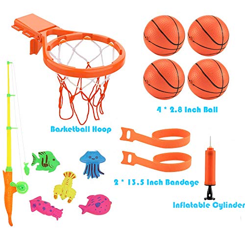 Bath Toy Basketball Hoop & Balls Playset & Magnetic Fishing Toys with 3 Balls,Mesh Bag & Strong Suction Cup and Magic Rop,Bathroom Slam Dunk & Bathtub Shooting Game Gadget for Kids Boy Girl Child Gift