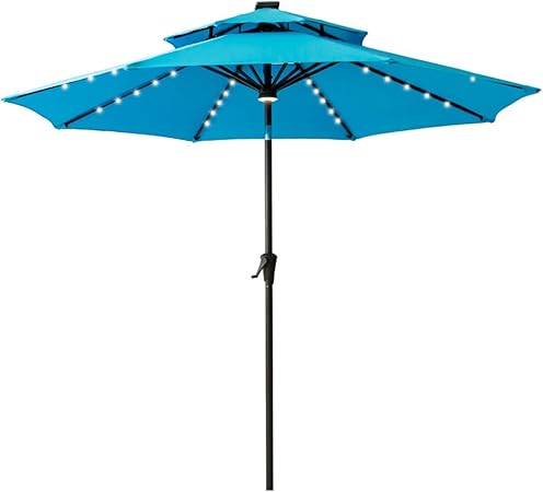 Flame Shade 9 Led Doubletop Outdoor Patio Market Umbrella With Lights Crank Lift Push Button Tilt Aqua Blue Amazon Co Uk Garden Outdoors