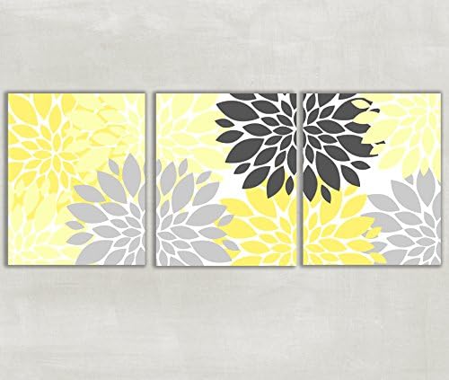 Floral Dahlia Peony Yellow Pewter and Gray Wall Art Set of 3 5x7 or 8x10 Prints ((unframed))