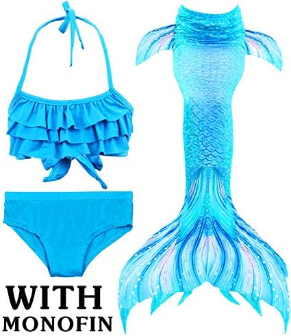4 PCS Girls Swimsuit Mermaid Tail for Swimming Kids Mermaid Swimwear Set Bathing Suit Princess Costumes (with Monofin)