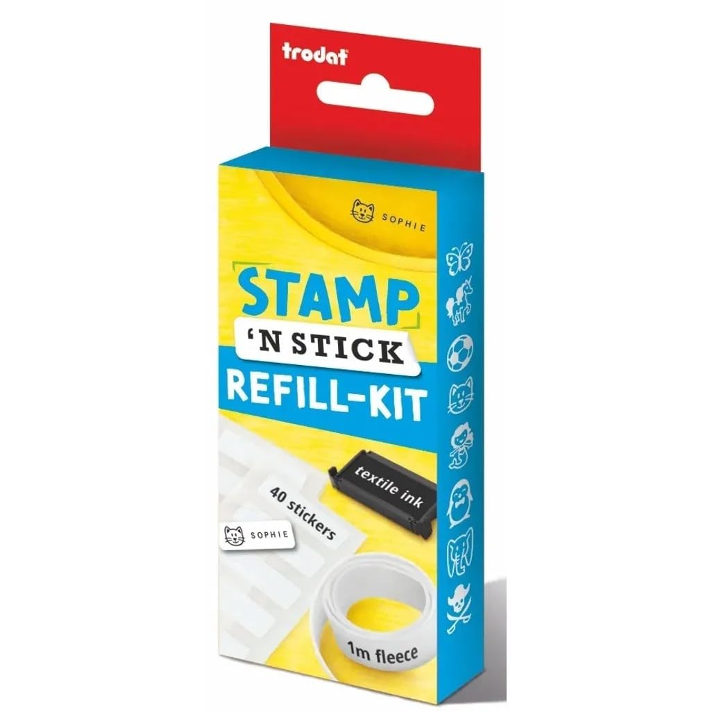 Trodat Stamp 'N Stick Refill Kit - Continue The Use of Your Stamper and Personalise Uniforms & Belongings – Features Iron On Fleece, 40 Stickers and Black Textile Ink Pad,Multi-coloured,Medium