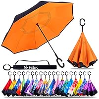 Fidus Double Layer Inverted Reverse Umbrella, Winproof Waterproof Folding UV Protection Self Stand Upside Down Large Car Rain Golf Outdoor Rain Umbrella with C-Shaped Handle for Men Women(Orange)