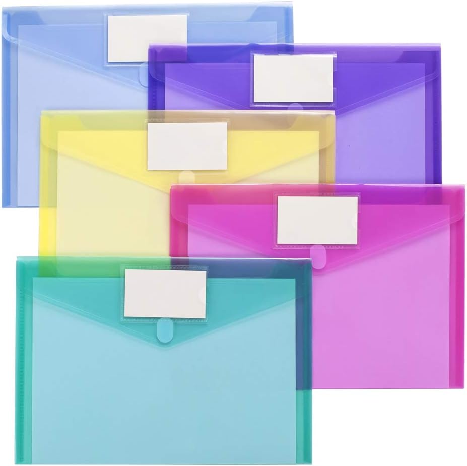 10 Pack Plastic Envelopes Poly Envelopes, Sooez Clear Document Folders US Letter A4 Size File Envelopes with Label Pocket & Velcro for School Home Work Office Organization, Assorted Color