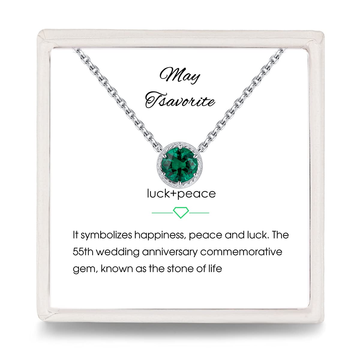 Presentski May Birthstone Necklace Solitaire Green Emerald Pendant - Dainty Diopside Sterling Silver Round Cut Small CZ Gemstone Necklaces Mother's Day Gift