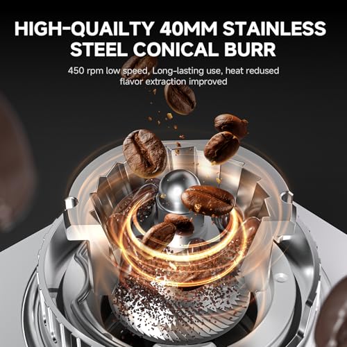 AMZCHEF Burr Coffee Grinder - 45 Precise Grind Settings for Espresso/Cold Brew, Adjustable Portafilter Holder & LED Touch Display, Anti-Static, Home Use