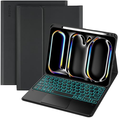 CACOE Hülle Tastatur Kompatibel mit iPad Pro 11 Zoll M4 Hülle (2024) mit Touchpad, 7-Farbige Beleuchtung Abnehmbare Kabellose AZERTY-Tastatur,Schwarz