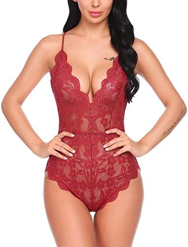 Loveje Women Teddy Lingerie One Piece Babydoll Halter Lace Mini Bodysuit
