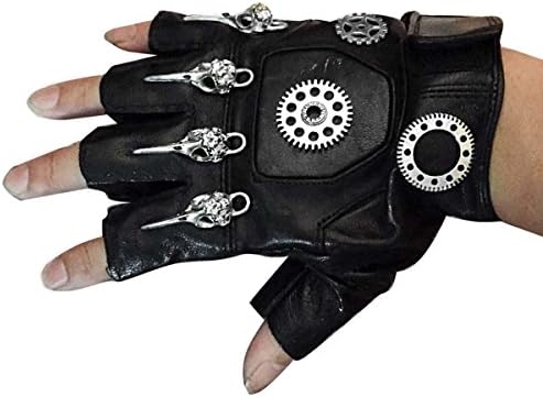 Mens Unisex Steampunk Gears Gothic Genuine Leather Half Finger Fingerless Gloves
