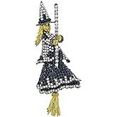 Dtja Rhinestone Flying Witch Brooch Pin for Women Girls Vintage Gold Broom Black Crystal Hat Wizard Pendant Charm Brooches Lapel Pins Dainty Halloween Festival Dress Accessories Jewelry Gift