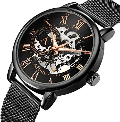 Men's Hand-Wind Mechanical Watches Classic Skeleton Black Mesh Stainless Steel Strap Waterproof Wrist Watch