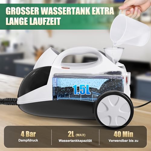 Rolipo Steam Cleaner 4 Bar Power 2000 W Max Tank 2 L Working Time 40 Minutes with Floor Cleaning Kit, Nozzles and Round Brush for Floors, Sofas, Upholstery and Cars