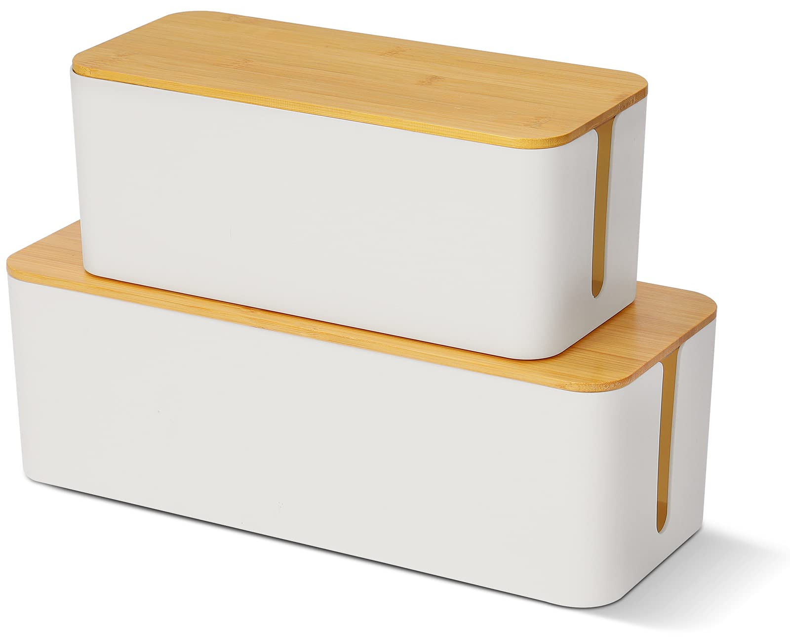 Cable Tidy Box Set of 2 Storage Box Larger & Smaller Cable Organizer Box with Bamboo Lid for Hiding Messy Wire Management 16"x 6.2"x 5.4" and 12.6"x 5.3"x 5.1