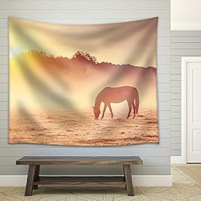 Arabian Horses Grazing on Pasture at Sundown in Orange Sunny Beams - Fabric Wall Tapestry Home Decor - 51x60 inches