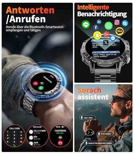 LIGE Men's Military Smartwatch 1000 mAh Large Battery, 1.7 Inch HD Large Display with Phone Function, LED Torch Fitness Watch with 110+ Sports Modes, Heart/Sleep Tracking, IP68 Sports Watch iOS