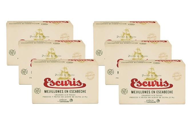 Escuris, Conserva de mejillones en escabeche 6/8 piezas - 6 latas ...