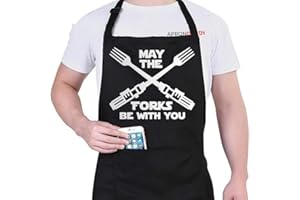 APRON DADDY Funny Apron, May The Forks Be With You - Novelty Funny Cooking Apron for Movie Fans - Extra Large 1 Size Fits All - Poly/Cotton Apron with 2 Pockets - Star Gift for Cook, Husband,
