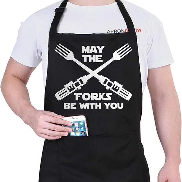 Photo 1 of APRON DADDY Funny Apron, May The Forks Be With You - Novelty Funny Cooking Apron for Movie Fans - Extra Large 1 Size Fits All - Poly/Cotton Apron with 2 Pockets - Star Gift for Cook, Husband,