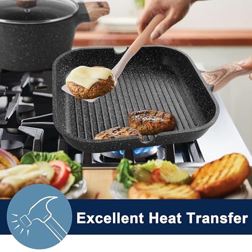 Pots and Pans Set Non Stick - Kitchen Cookware Set Cooking Pot and Pan Set with Lids, Non-stick Granite Cookware Sets Induction Pans for Cooking Set with Grill Pan, frying pan, Stockpot and Saucepan