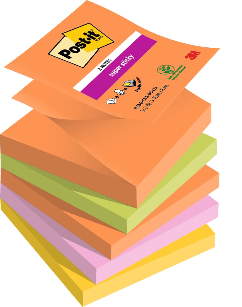 Post-it Super Sticky Z-Notes, 450 Sheets, Pack of 5 Pads, 76 mm x 76 mm - Holds Strong to Many Surfaces - Orange, Green, Pink, Yellow - for Walls, Monitors and Fridge, Recycable