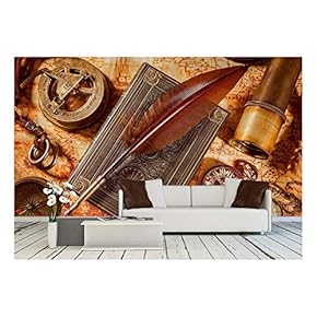 Vintage Still Life - Magnifying Glass, Pocket Watch, Old Book and Goose Quill Pen Lying on an Old Map in 1565. - Removable Wall Mural | Self-Adhesive Large Wallpaper - 66x96 inches