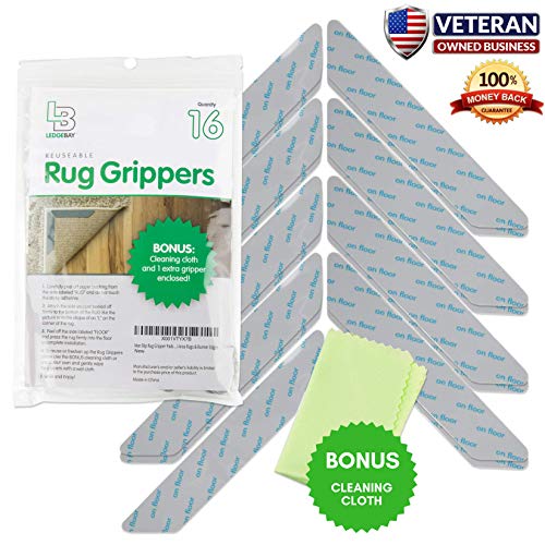 Non Slip Rug Gripper Pads 16 Reusable Corner Carpet Tape Grippers - Adhesive No Skid Anti Slip Pad for Hardwood or Laminate Floors - Sticky Nonslip Grip Anchors for Never Curl Area Rugs & Runner Edges