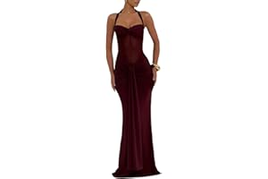 Mesh Sheer Sleeveless Wedding Guest Maxi Dresses for Women Ruched Bodycon Square Neck Halter Long Dress Summer