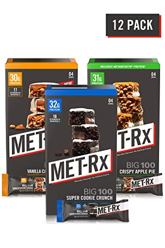 MET-Rx Big 100 Colossal Protein Bars, Healthy Meal Replacement Snack, Super Cookie Crunch, Vanilla Caramel Churro, Crispy Apple Pie Variety, 12 Count