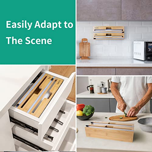 BEJICAN Bamboo Foil and Plastic Wrap Dispenser,with Cutter and Labels