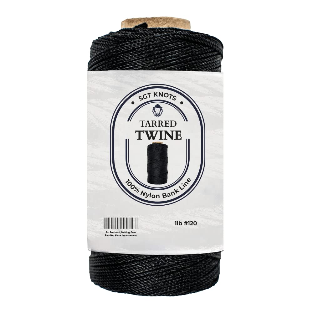 SGT KNOTS Tarred Twine - 100% Nylon Bank Line for Bushcraft, Netting, Gear Bundles, Home Improvement, Construction, Lacing Twisted Cord, Weatherproof | #120 - 1 lb