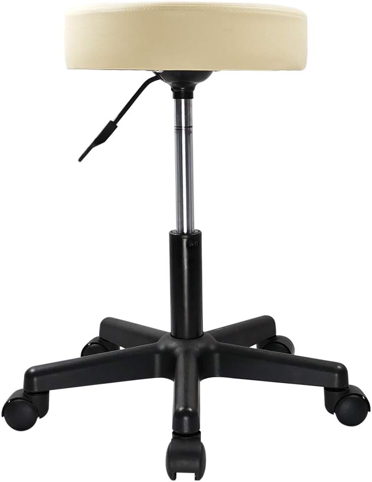 KKTONER Round Rolling Stool PU Leather Height Adjustable Swivel Drafting Work SPA Medical Salon Stools Chair with Wheels Beige: Furniture & Decor