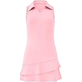 Girls Tennis Dress Sleeveless Golf Outfit V Neck Athletic Dresses with Built-in Shorts and Pockets