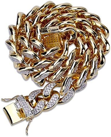FELICIPP Men's Miami Cuban Link Chain Gold Plated Simulated Diamond Chain Men's HipHop Tennis Necklace (Color : Gold3, Size : S)