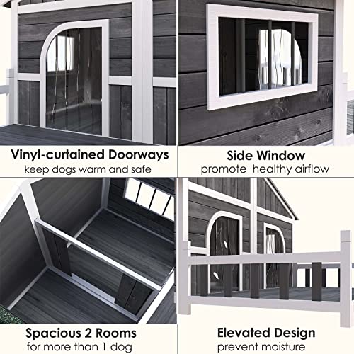 Lovinouse Wooden Outdoor Dog House With 2 Rooms And Porch Deck