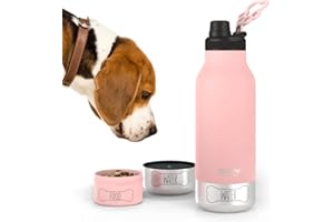 Asobu Dog Barky Bottle a Stainless Steel Insulated Water Bottle for a Human with 2 Removable Dog Bowls for Water, Food, and Treat Storage – 34 Ounce (Pink)