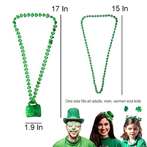 ZALALOVA 18Pcs St Patrick's Day Shamrock Beads Necklace with Green Shot Glass for Kids Women Men Holiday Festive Costumes Party Games Favor Supplies (2 Types)