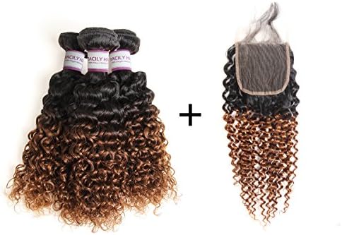 1B/#30 Ombre Bundles with Closure, 10A Brazilian Kinky Curly Hair 3 Bundles with Lace Closure, 4x4 Inches Dark Brown Closure, Brown Human Hair(12" 14" 16" & Closure 10", 1B/30)