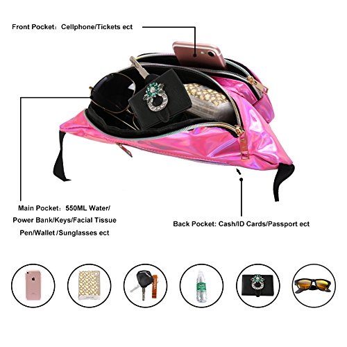 MUM'S MEMORY Metallic Hologram Fanny Pack – Outdoor Sport Waist Pack for Running, Hiking, Traveling for Women and Men (Rose Red)