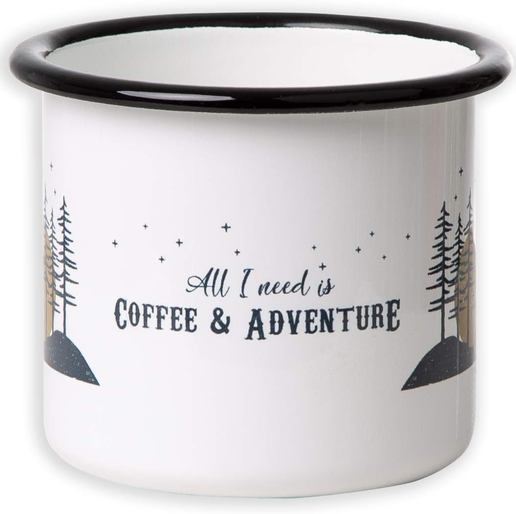 Coffee & Adventure Hochwertige Emaille Tasse mit Outdoor Design