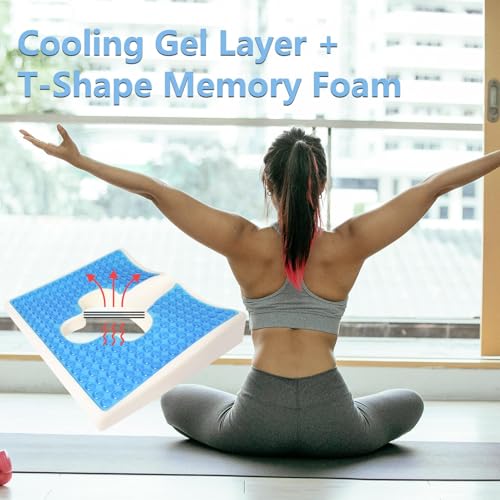 Anti-Bedsore Cushion, Memory Foam & Gel Seat Cushion with T-Shaped Opening, Triangular Slope Design for Tailbone & Sciatica Pain Relief, Anti-Slip, for Wheelchair, Office & Home Use