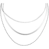 Mikovivi 3pcs Silver Necklace Set, O-Link Snake Chain & Twisted Rope Chain Cuban Necklaces Adjustable Stackable Jewelry for Women