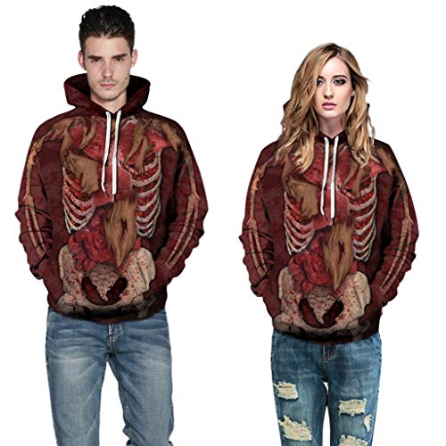 Jessie storee Helloween Hooded Sweatshirt Skeleton Minced Meat Internal Organs Print Pullover Hoodie Women Men Couples Unisex Horror Clothing Large Size Sweater Loose Baseball Uniform Tide,Red,L