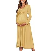 AISWI Maternity Tie Front Dress A Line Long Sleeve V Neck Flowy Pregnancy Maxi Dresses for Baby Shower Casual 2025 Fall